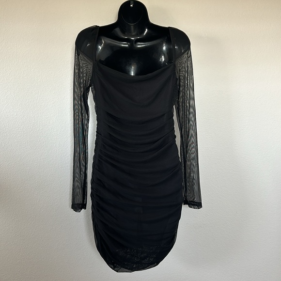 Princess Polly Charvi Black Mesh Long Sleeve Square Neck Ruched Mini Dress - Picture 8 of 11